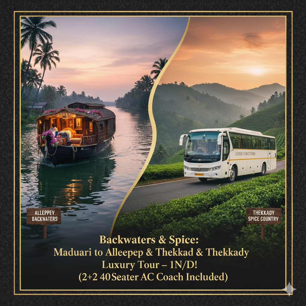 Backwaters & Spice: Madurai to Alleppey & Thekkady Luxury Tour – 1N/2D! (2+2 40-Seater AC Coach Included)