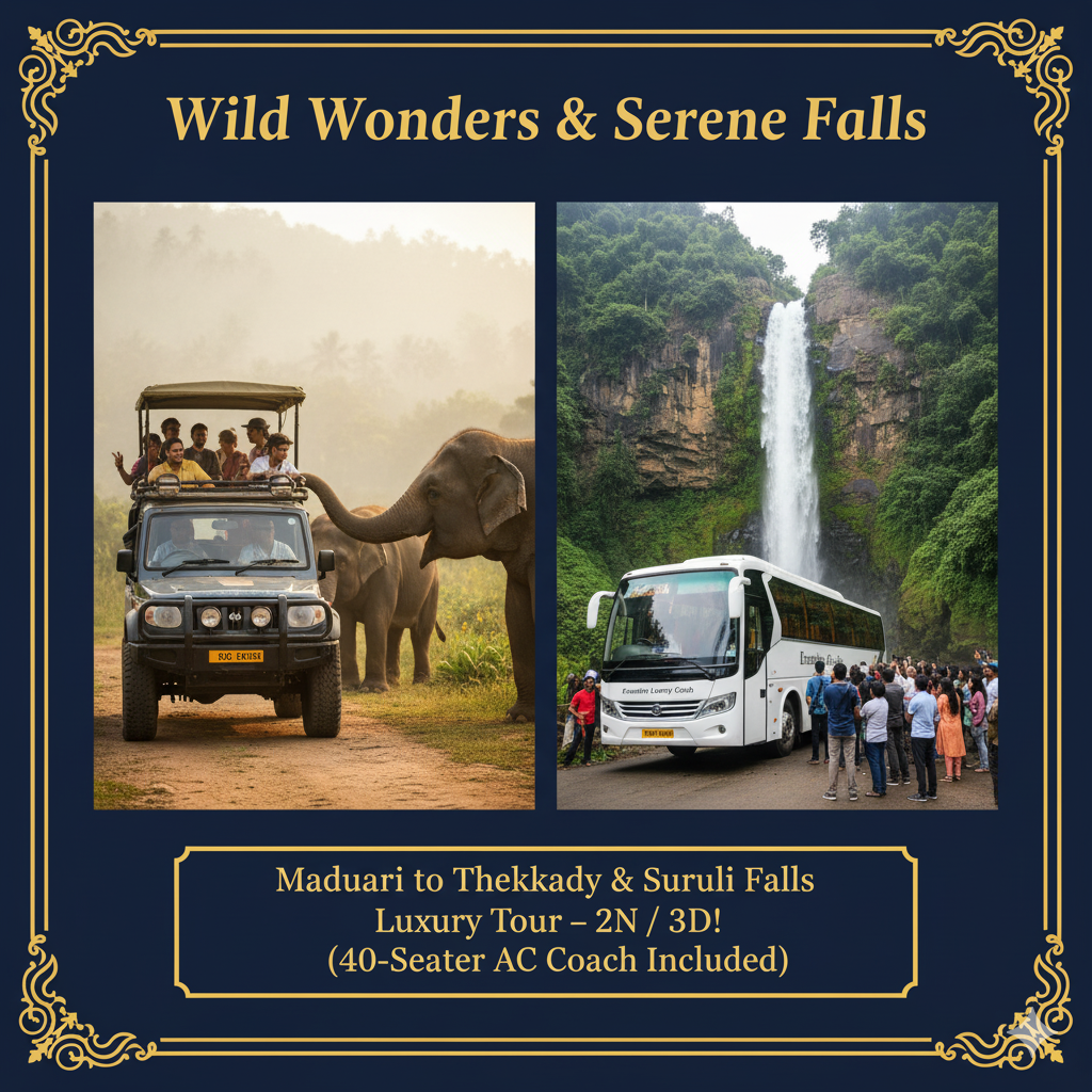 Wild Wonders & Serene Falls: Madurai to Thekkady & Suruli Falls Luxury Tour – 2N/3D! (2+2 40-Seater AC Coach Included)