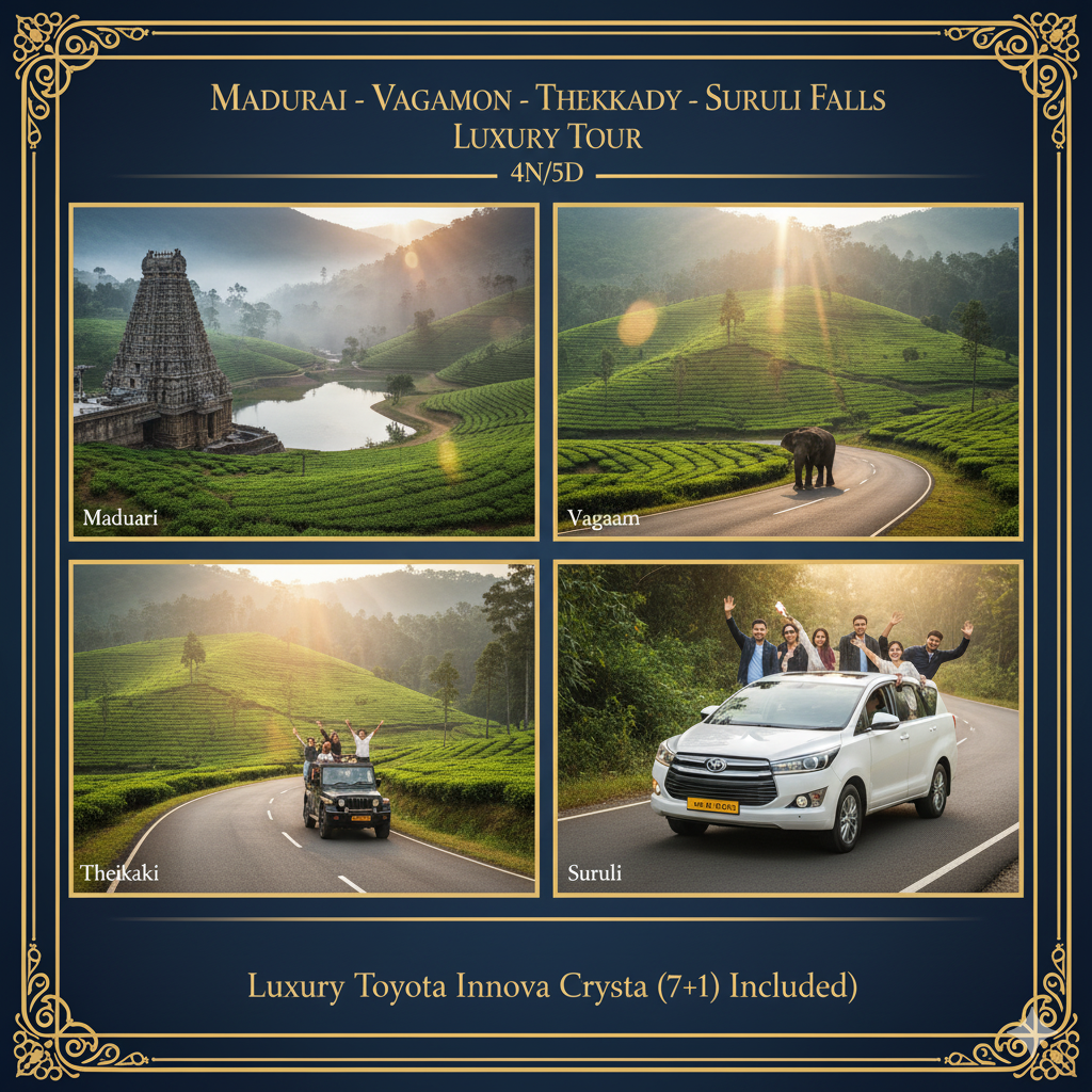 Madurai – Vagamon – Thekkady – Suruli Falls Luxury Tour (4N/5D)Luxury Toyota Innova Crysta (7+1)
