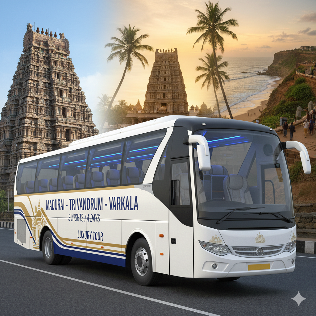 Madurai to Chennai Sightseeing Tour (1 Night / 2 Days)Executive Luxury 2+2 53-Seater BUS Service by Rengha Travels