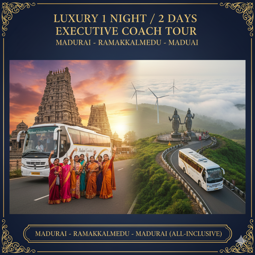 Luxury 1 Night / 2 Days Executive Coach Tour: Madurai – Ramakkalmedu – Madurai