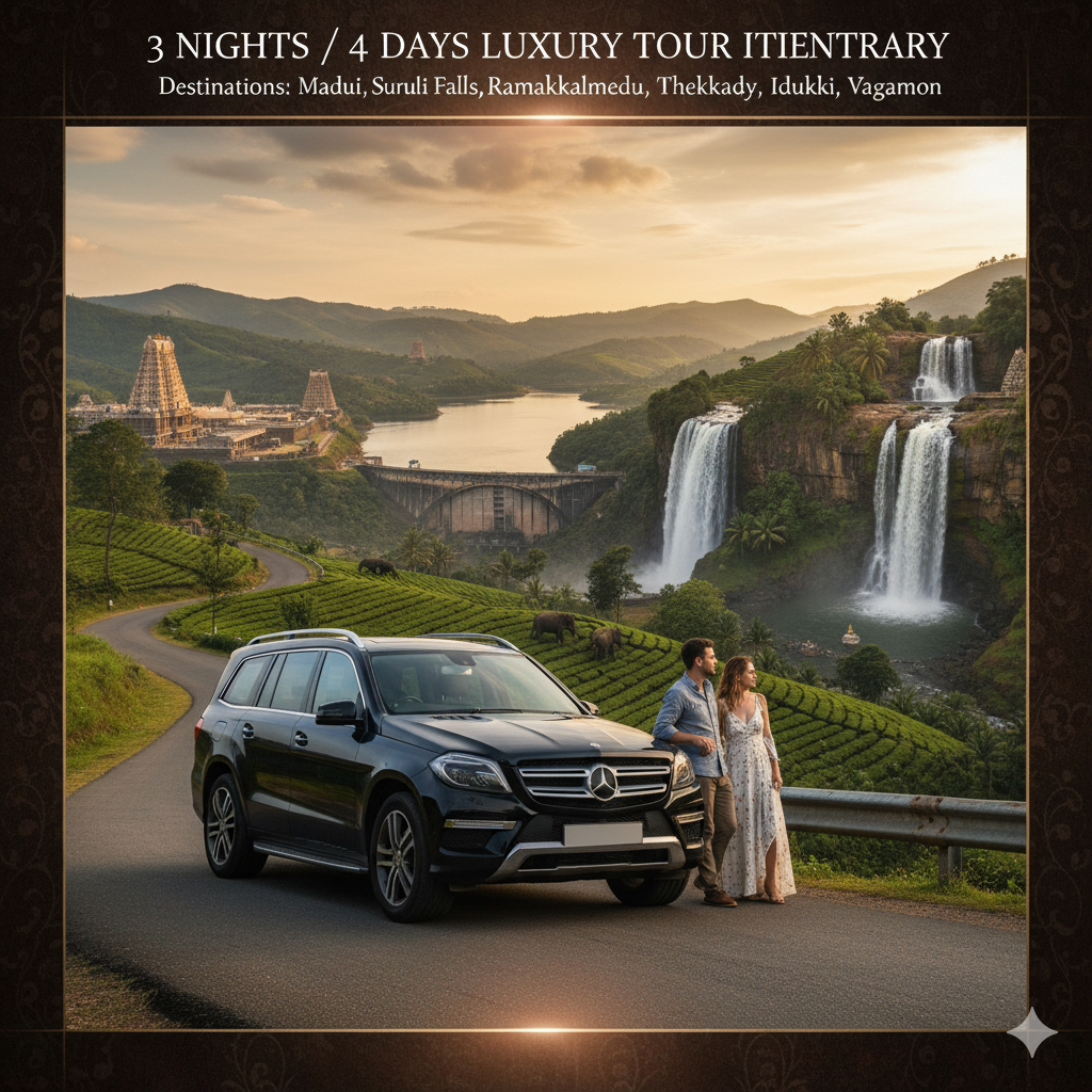 NIGHTS / 4 DAYS LUXURY TOUR ITINERARYDestinations: Madurai, Suruli Falls, Ramakkalmedu, Thekkady, Idukki, Vagamon.
