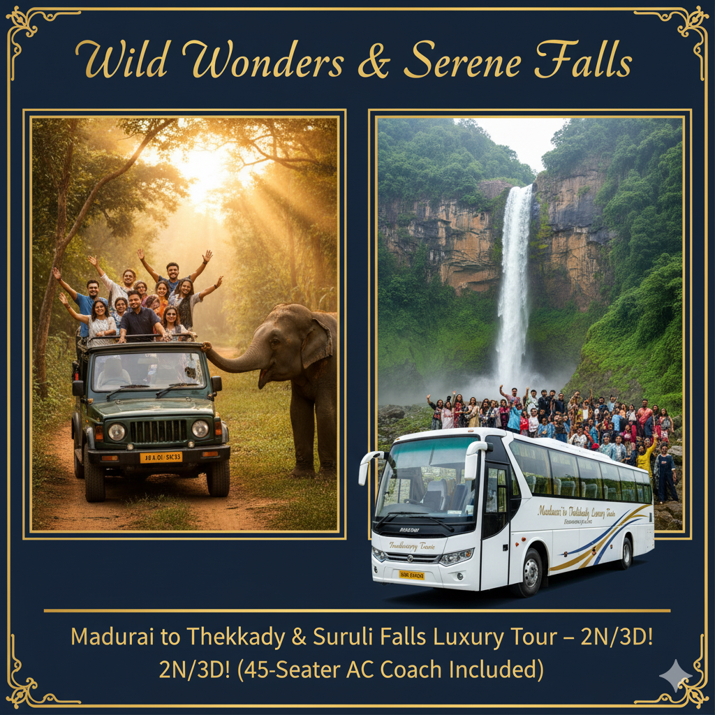 Wild Wonders & Serene Falls: Madurai to Thekkady & Suruli Falls Luxury Tour – 2N/3D! (2+2 45-Seater AC Coach Included)