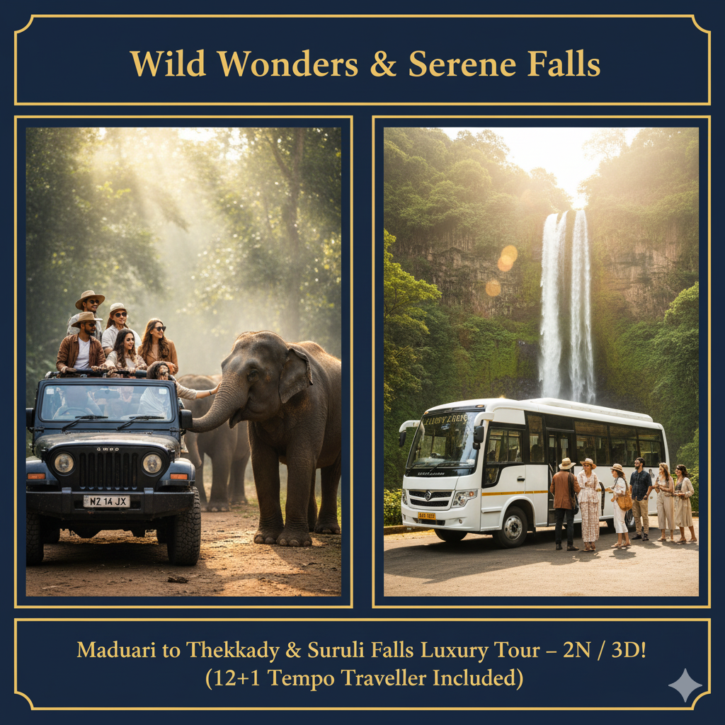Wild Wonders & Serene Falls: Madurai to Thekkady & Suruli Falls Luxury Tour – 2N/3D! (12+1 Tempo Traveller Included)
