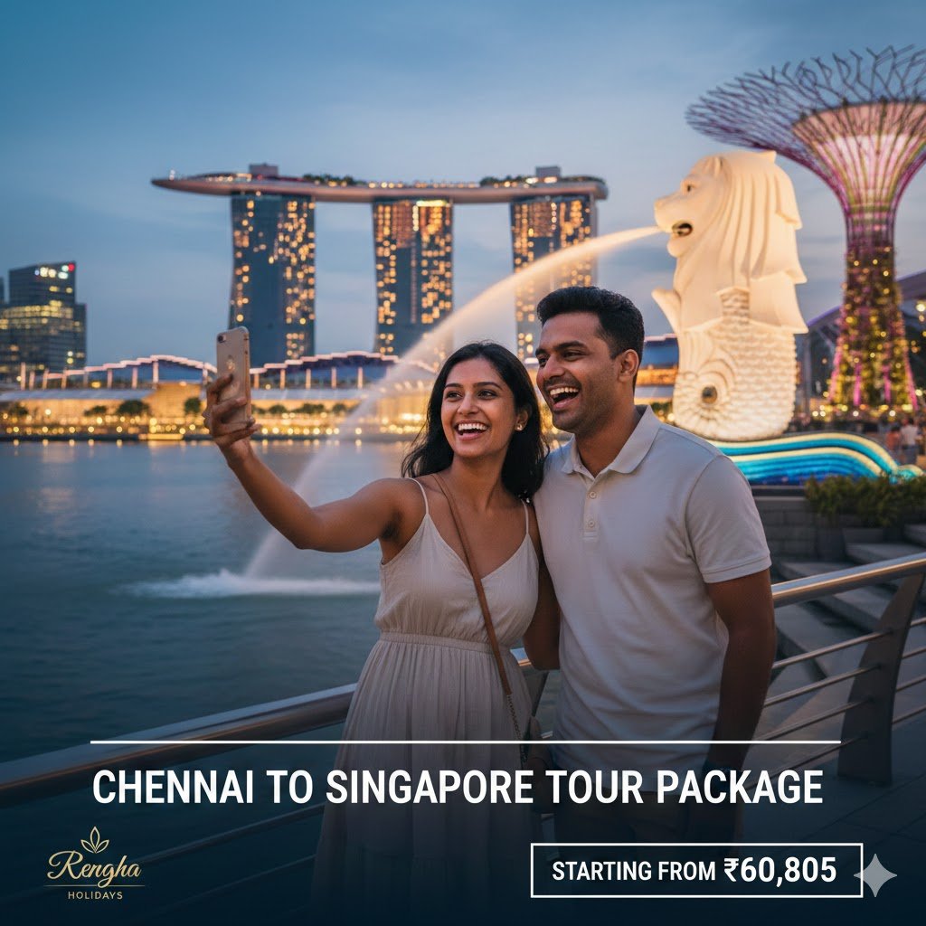 A happy couple from Chennai taking a selfie at Merlion Park with Marina Bay Sands in the background, promoting a Singapore tour package..