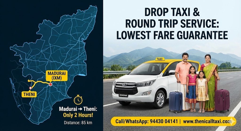 Madurai to Theni Drop Taxi & Round Trip Service Lowest Fare Guarantee
