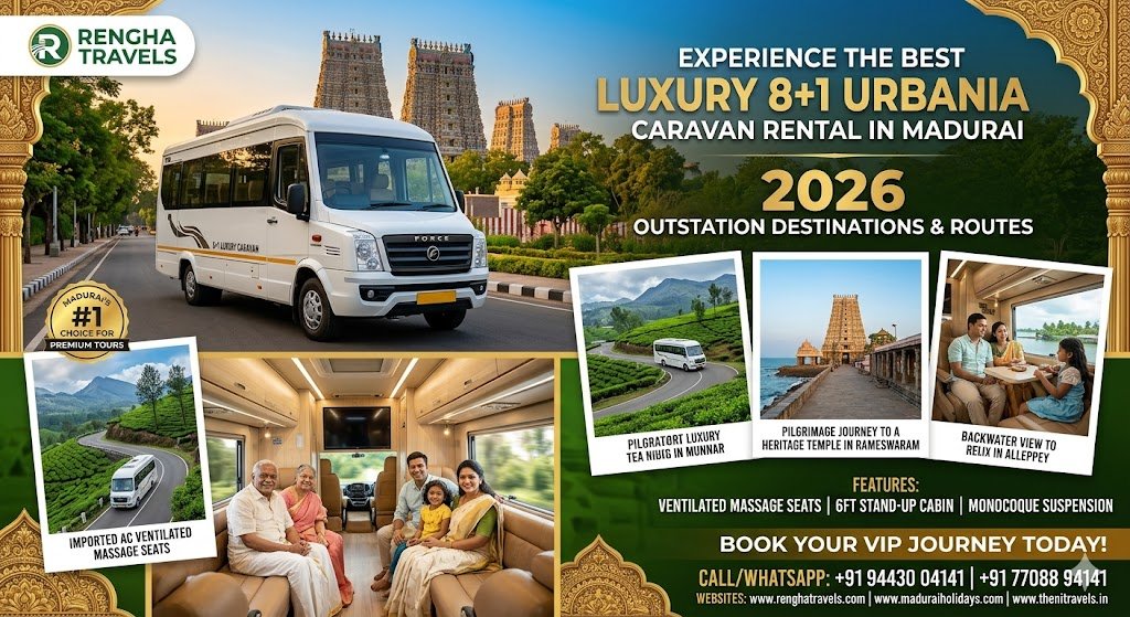 Luxury 8+1 Urbania Caravan Rental in Madurai Relax with Massage Seats 2026