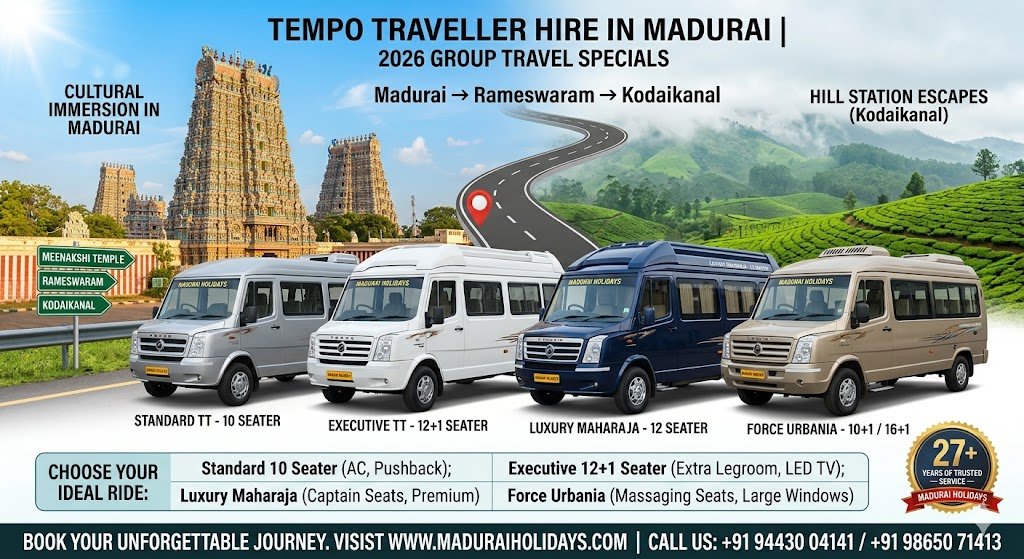 Madurai to Rameswaram Tempo Traveller Prices: Book 12+1 Seater for Summer 2026