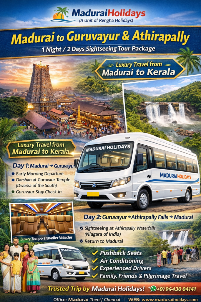 madurai to guruvayoor Athirapalli 2026 tour by maduraiholidays