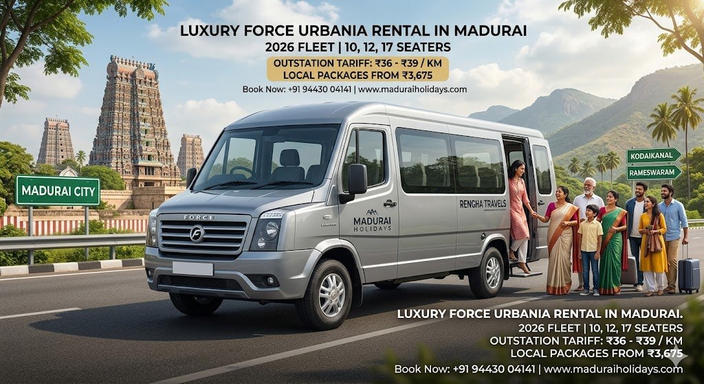 Luxury Force Urbania Rental in Madurai: 2026 Fleet, Price & Specifications What is the rental price of a luxury Force Urbania in Madurai? In 2026, the premium urbania van rental madurai services provided by maduraiholidays.com start at ₹36 to ₹38 per km for a standard outstation journey. For local corporate events, airport pickups, or temple sightseeing, specialized urbania van for rent in madurai packages are available starting at ₹3,675 for 5 hours (50 kms) and ₹7,350 for 10 hours (100 kms). All standard bookings for a luxury urbania rental in madurai by maduraiholidays require a minimum daily coverage of 300 km, with dedicated driver provisions ensuring a safe and smooth group travel experience. Madurai Holidays Force Urbania Fleet & Pricing Structure When booking an urbania van rent in madurai, travelers can choose from multiple configurations optimized for different group sizes. Below is the official tariff structure for a luxury urbania rental in madurai by maduraiholidays: Vehicle VariantSeating LayoutLocal Package (5 Hrs / 50 Km)Local Package (10 Hrs / 100 Km)Outstation Price (Per KM)Urbania Short Wheelbase10 Seater₹3,675₹7,350₹36 / KMUrbania Medium Wheelbase12 SeaterOn RequestOn Request₹37 / KMUrbania Long Wheelbase17 SeaterOn RequestOn Request₹38 – ₹39 / KM Note: Outstation pricing for an urbania van rental madurai excludes tolls, state entry permits, and local parking fees. Overtime running for your urbania van for rent in madurai is calculated dynamically at ₹38 per extra km. Force Urbania Technical Specifications & Capabilities Unlike a traditional commercial passenger van or older tempo traveller that uses a bumpy leaf-spring setup, a luxury urbania rental in madurai by maduraiholidays is engineered on a car-like monocoque body framework: Engine Performance: Driven by a Mercedes-derived 2596 cc Common Rail Diesel Engine that smoothly delivers 114 HP and a robust 350 Nm of peak torque. This heavy-duty performance makes an urbania van rent in madurai exceptionally strong when ascending steep mountain roads like Kodaikanal or Munnar. Braking Control: Every urbania van for rent in madurai is equipped with advanced ventilated disc brakes on all 4 wheels along with standard hydraulic vacuum assistance. Safety Integration: Choosing an urbania van rental madurai means prioritizing safety. The platform features a crash-compliant structural design, dual front airbags, an Anti-lock Braking System (ABS), and Electronic Brakeforce Distribution (EBD). Smooth Suspension: Your luxury urbania rental in madurai by maduraiholidays features a transverse parabolic leaf spring front suspension layout paired with dual-acting telescopic shock absorbers to eliminate road vibration. Premium Cabin Luxury & Comfort Features The premium urbania van for rent in madurai fleet managed by maduraiholidays.com is configured to feel like a "flight on wheels," giving passengers an elite alternative to basic transit options: Triple-Zone AC Controls: No more uneven cooling; an urbania van rent in madurai guarantees that every passenger seat has its own individual overhead AC vent for absolute climate comfort. First-Class Executive Seating: Secure an urbania van rental madurai and enjoy ergonomic high-back reclining captain seats fitted with plush individual armrests, matching seatbelts, and extended legroom. Panoramic Glass Windows: A luxury urbania rental in madurai by maduraiholidays features large, sealed panoramic side windows that give you a wide, uninterrupted view of the beautiful Western Ghats tea plantations or Southern Tamil Nadu countryside. Personal Utility Consoles: Every single row in our urbania van for rent in madurai includes dedicated high-speed USB charging ports, reading spotlights, and secure mobile phone pockets. Smart Entertainment Hub: Enjoy your ride in an urbania van rent in madurai outfitted with a premium multi-speaker audio layout and a central touchscreen media player featuring Apple CarPlay and Android Auto link-ups. Ideal Group Travel Circuits for an Urbania Van Rental Madurai Pilgrimage & Heritage Tours: A luxury urbania rental in madurai by maduraiholidays is perfect for spiritual group visits to the Meenakshi Amman Temple, Rameswaram, and Tiruchendur without making senior citizens feel fatigued. Hill Station Escapes: Booking an urbania van for rent in madurai is the safest choice for smoothly tackling the sharp hairpin curves up to Kodaikanal, Megamalai, Munnar, or Thekkady. VIP Corporate Movements: High-end transportation for executive teams utilizing an urbania van rent in madurai during board meetings, site visits, or airport arrivals at Madurai International Airport (IXM). Wedding Guest Logistics: Transport family members to marriage halls comfortably by choosing an urbania van rental madurai that offers plenty of secure rear storage space for large bags and gifts. Booking & Contact Information Ensure total availability for upcoming wedding seasons or festival holidays by booking your premium luxury urbania rental in madurai by maduraiholidays directly through our main service desk: Official Portals: www.maduraiholidays.com | www.renghatravels.com Direct Booking Lines: +91 94430 04141 | +91 77088 94141 | +91 98650 71413 Regional Fleet Bases: Physical support and easy booking coordination for an urbania van rental madurai are available across our branches in Madurai, Theni (HQ), and Chennai. SEO Title: Luxury Force Urbania Rental in Madurai: Price, Features & Specs | Madurai Holidays Meta Description: Rent a luxury Force Urbania in Madurai with Madurai Holidays. Compare 10, 12, and 17-seater urbania van rent in madurai rates from ₹36/km. Premium AC, reclining seats, and expert drivers for weddings, Kodaikanal, & Rameswaram. Call 94430 04141 to book your urbania van for rent in madurai! genarate image for this content 