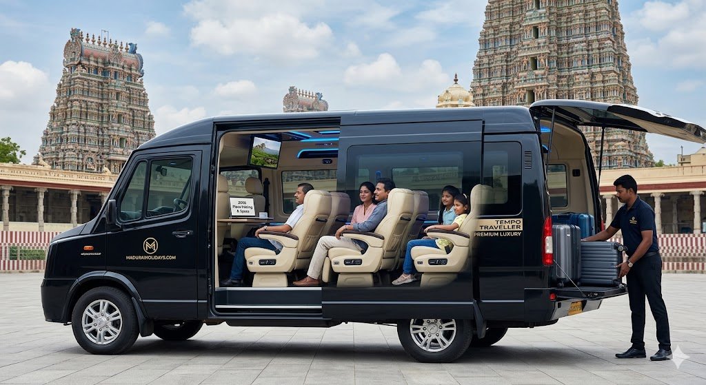 8 Seater Tempo Traveller Rental in Madurai Best 2026 Rates for Premium Luxury Custom Vans