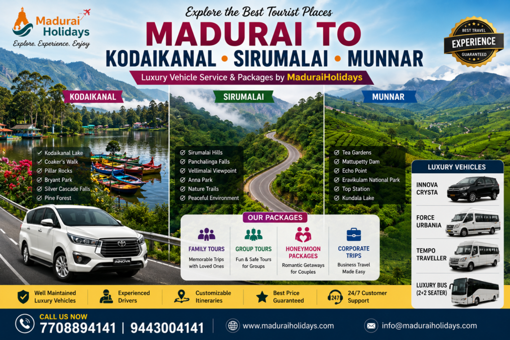 Madurai to kodaikanal sirumalai , munnar tour package 2026 madurai holidays